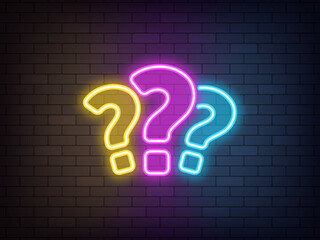 Poster - Outline 3 neon questions, colorful icon. Glowing neon question marks, FAQ support, answer searching, questionnaire. Find problem decision. Unknown surprise, secret, mystery. Quest, puzzle and quiz