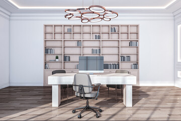 Poster - Modern classic office interior with wooden furniture and concrete walls, daylight. New York style apartment. 3D Rendering.