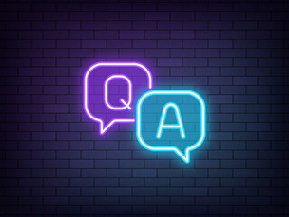 Poster - Outline neon Q&A, violet blue icon. Glowing neon Questions and Answers sign with speech bubble, business FAQ. Expert help, client assistance service, customer support chat. Advice and solutions