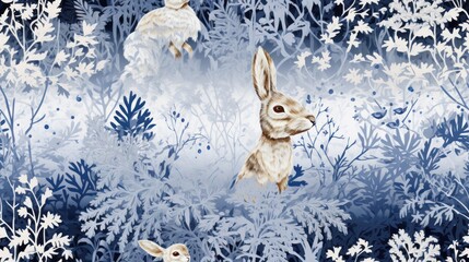 Poster -  a painting of a rabbit and a rabbit in a field of blue and white flowers, with a reflection of a rabbit in the middle of the image on a blue and white background.