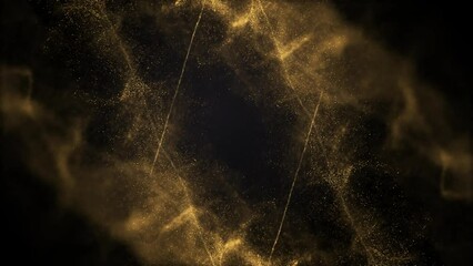 Wall Mural - golden particles lines flow loop bg, glittering golden lines diagonal animated on dark background. Seamless loop