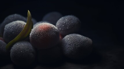 Sticker -  a group of fruit sitting on top of each other on a black surface with a banana sticking out of the middle of the group of the fruit on the top of the fruit.