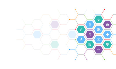 Wall Mural - Medical background and healthcare technology with flat icons and symbols. Design template of concept and idea for health care business, innovation medicine, health safety, science. Illustration
