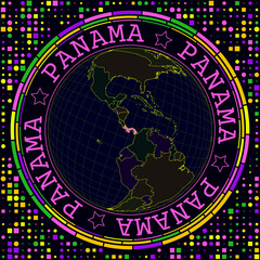 Poster - Futuristic Panama on globe. Bright neon satellite view of the world centered on Panama. Geographical illustration with shape of country and geometric background. Powerful vector illustration.