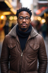 black man with glasses standing on street, generative ai 