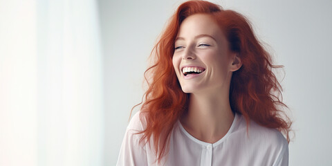 Woman face  red hair. Close up of happy attractive young woman with long way red hair and freckles wears stylish t shirts looks happy and smiling illustration Ai.