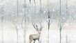  a painting of a deer standing in the snow in front of trees with snowflakes on the branches and snowflakes on the ground in the foreground.
