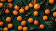 Oranges and green leaves on dark green background