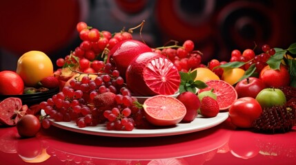 Sticker -  a close up of a plate of fruit on a table with grapes, oranges, apples, and watermelon.