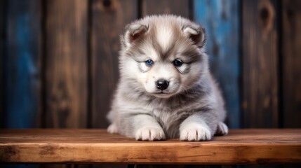  a puppy sitting on top of a wooden table next to a blue wooden wall in front of a wooden paneled wall.