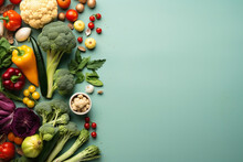Wide Flat Lay Photograph Of Vegetarian Day Banner With Different Types Of Vegetables Fruits And Grains On A Table Wide Empty Side For Mockup Text Editing In Light Blue Background 