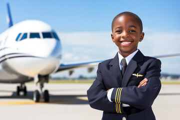 black little boy dressed up as an airline pilot, professional portrait