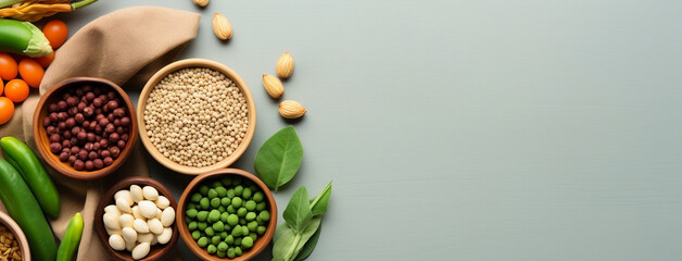 Wall Mural - Wide flat lay photograph of vegetarian day web banner with different types of vegetables fruits and grains on a table wide empty side for mockup text editing in gray background 
