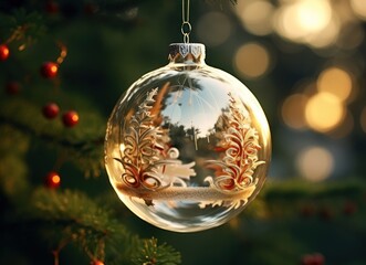 Poster -  a close up of a christmas ornament hanging from a christmas tree with a blurry background of lights.