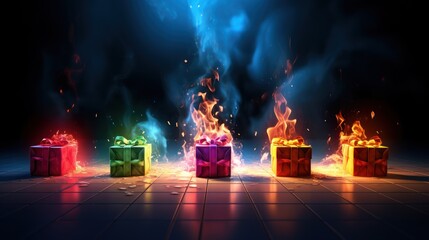 Wall Mural -  a group of brightly lit gift boxes sitting on top of a tiled floor next to a fire and smoke wall.