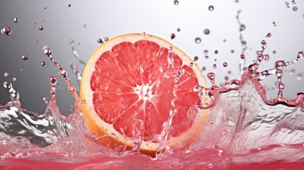 Poster -  a grapefruit is cut in half with water splashing around it and on top of the other half of the grapefruit.