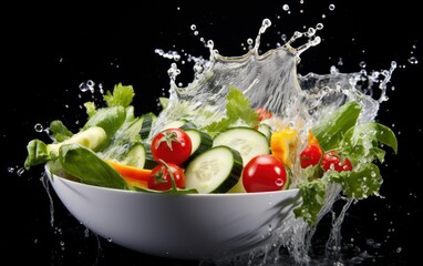 Sticker -  a white bowl filled with cucumbers, tomatoes, and lettuce with water splashing out of it.