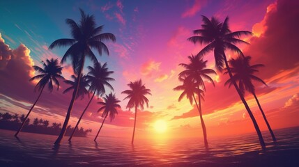 Wall Mural -  a painting of a sunset with palm trees in the foreground and the sun setting in the distance behind the palm trees.