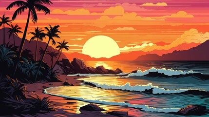 Wall Mural -  a painting of a sunset over the ocean with palm trees in the foreground and waves in the foreground.