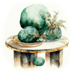 Watercolor Emerald and Gold Tables Clipart illustration Generative Ai