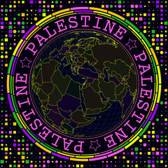 Poster - Futuristic Palestine on globe. Bright neon satelite view of the world centered to Palestine. Geographical illustration with shape of country and geometric background. Beautiful vector illustration.