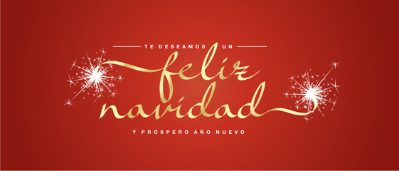 Wall Mural - Merry Christmas and Happy New Year 2024 Spanish language unique modern ribbon calligraphic text with sparkler firework gold red color background