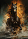 Fototapeta  - Horse gallops on the dust, epic moment. Freedom horse running in the dark background. AI Generative