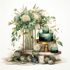 Watercolor Emerald and Gold Tables Clipart illustration Generative Ai