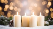  A Group Of Three White Candles Sitting On Top Of A Snow Covered Ground With Pine Cones And Pine Cones In Front Of A Boke Of A Boke Of Lights.