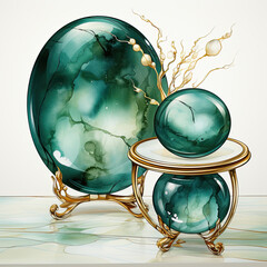 Watercolor Emerald and Gold Tables Clipart illustration Generative Ai