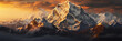 Himalayas, snow-capped peaks at golden hour, intricate details of the snow and rocks, glowing atmosphere, dynamic range