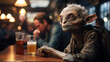 Futuristic portrait of a friendly alien sitting in a London pub with surprised citizens.