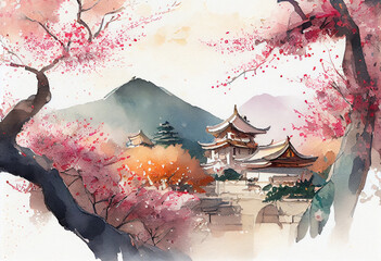 Oriental spring watercolor with mountains. AI generative