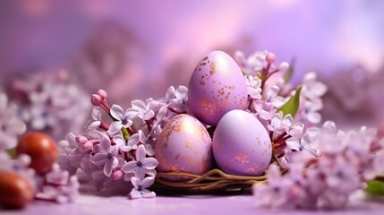  Easter eggs and lilac flowers on a purple background, selective focus