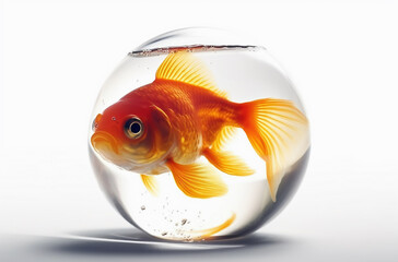Goldfish in a bowl. Goldfish in a spherical aquarium on a white background. Generative artificial intelligence