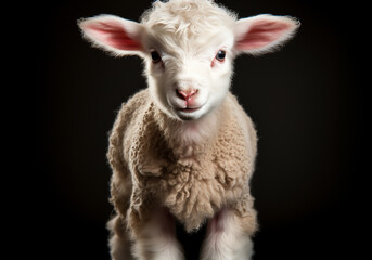 White lamb portrait on dark background. AI generated