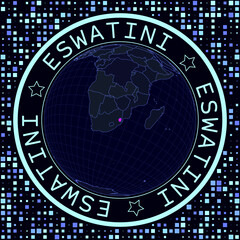 Poster - Eswatini on globe vector. Futuristic satelite view of the world centered to Eswatini. Geographical illustration with shape of country and squares background. Bright neon colors on dark background.