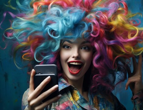 Colorful Hair and a Modern Connection: A Woman Embracing Her Cell Phone and Individuality