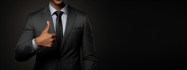 Confident businessman giving a thumbs up in a stylish suit and tie.