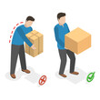 3D Isometric Flat Vector Illustration of How To Carry Heavy Goods, Safe and Incorrect Weights Lifting. Item 2