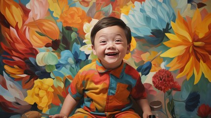 Baby with Down syndrome is painting.