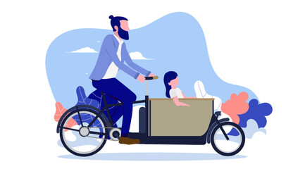 riding cargo bike with child - urban male parent riding young child in bike with box in front. flat 