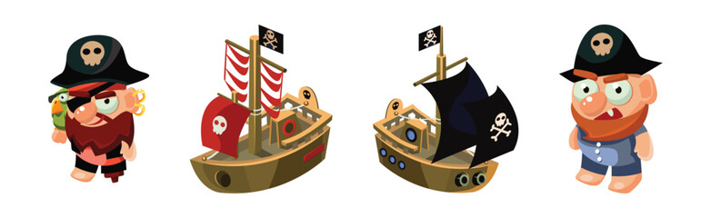 Poster - Pirate Object and Element with Man Captain and Ship with Skull Vector Set