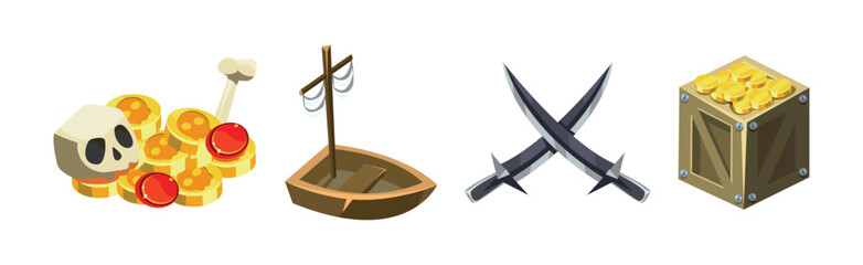 Poster - Pirate Object and Element with Skull, Coin, Ship, Saber and Chest Vector Set