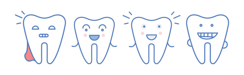 Sticker - Cute Line Tooth Icon with Face and Smile Vector Set