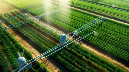 Irrigation system in action. An overhead view of a farm with a functioning modern irrigation system, showing the network of pipes, sprinklers and water channels. Generative Ai