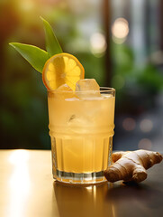 Wall Mural - Close up of ginger shot drink with lemon in a glass on wooden table, blurred background