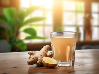 Wall Mural - Close up of ginger shot drink with lemon in a glass on wooden table, blurred background