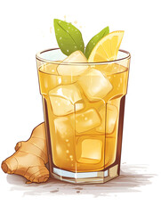 Wall Mural - Illustration of ginger shot drink with lemon in a glass isolated on white background 