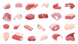 Raw meat collection. Parts of chicken, beef and pork. Butchery shop ingredients, bbq or steakhouse food design. Farm market neoteric vector goods